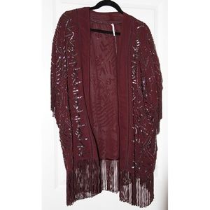 Willow & Clay White Beaded + Fringe Kimono Jacket